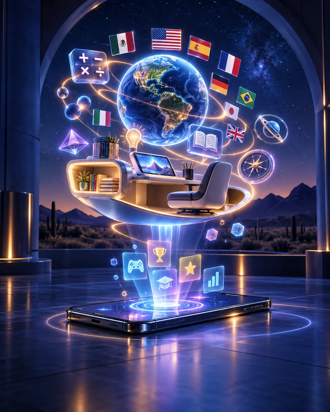 Un universo educativo tecnológico con un globo, banderas y retos de aprendizaje